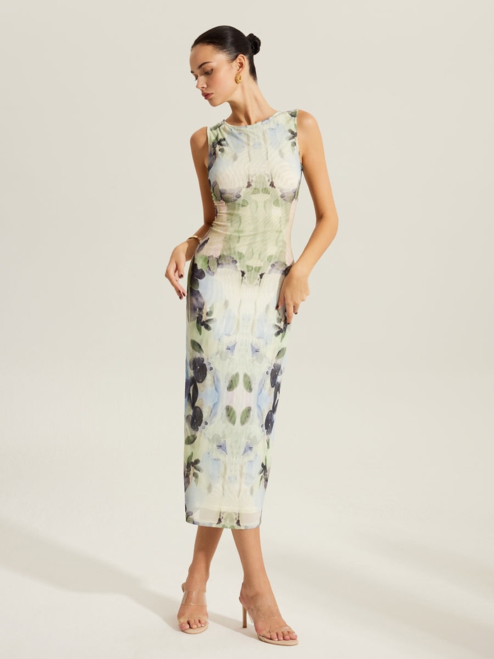 Commense Floral Print Sleeveless Mesh Dress